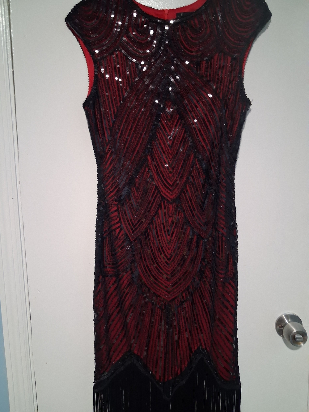 Red and Black Beaded Midi Dress with Fringe